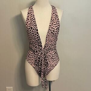NWOT SHEIN Leopard Print‎ One Piece Swimsuit Tie Front Deep V Size Large